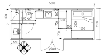 Apple Cabin family 2D plan: 5,800 × 2,150 mm
