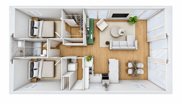 Two bedrooms: undimensioned 40 ft family 3D arrangement