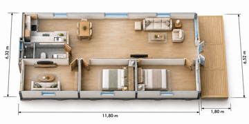 Référence 3D cotée : deux chambres et une pièce TV. Le plan 2D montre trois pièces fermées.