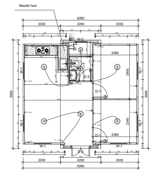Exemple technique équipé : 6 260 × 5 900 mm.