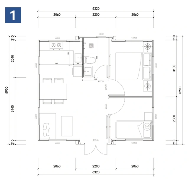 Deux chambres, séjour à gauche